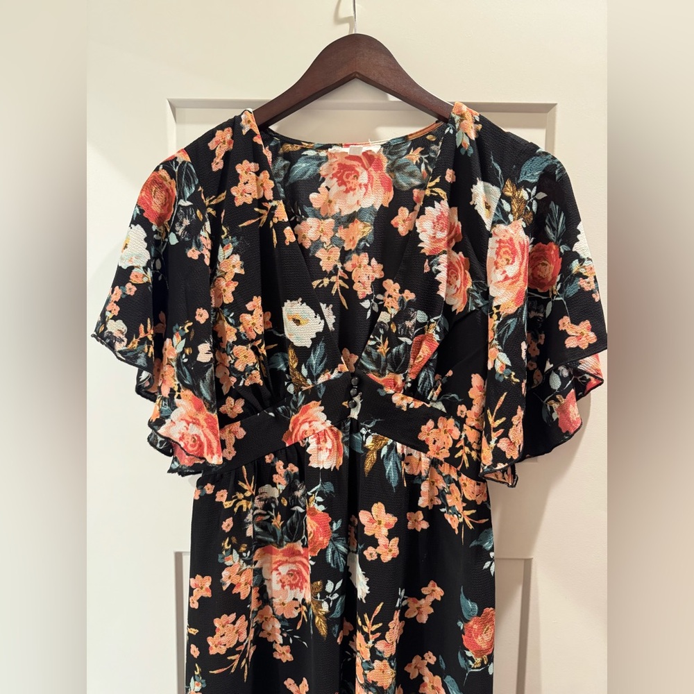 Nordstrom Rack Bailey Blue Floral Flutter Sleeve Maxi Dress Black Rose M